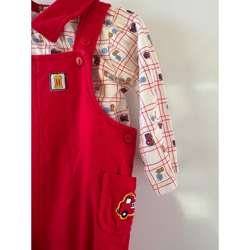 Vintage Honors Baby Red Corduroy Overalls and Fire Truck Shirt Set 12 Months - Picture 2 of 7